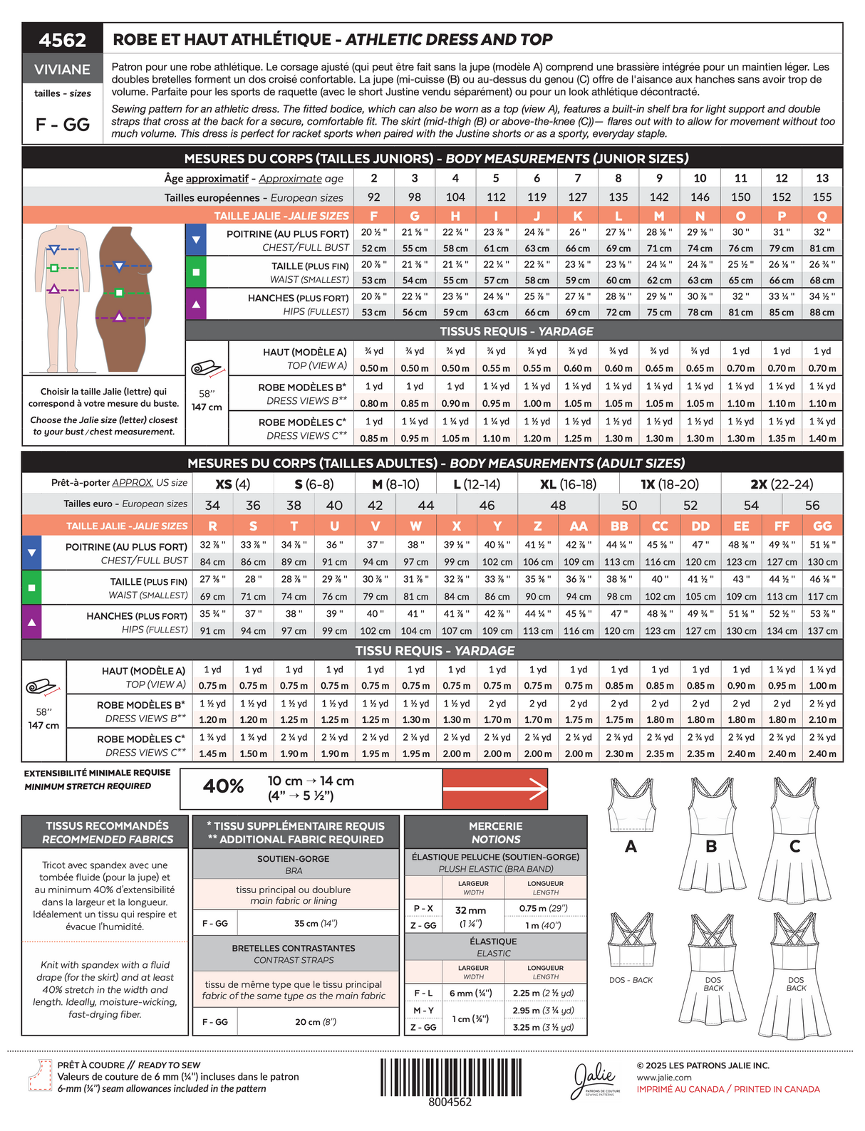 Sewing Pattern Viviane Athletic Top and Dress by Jalie