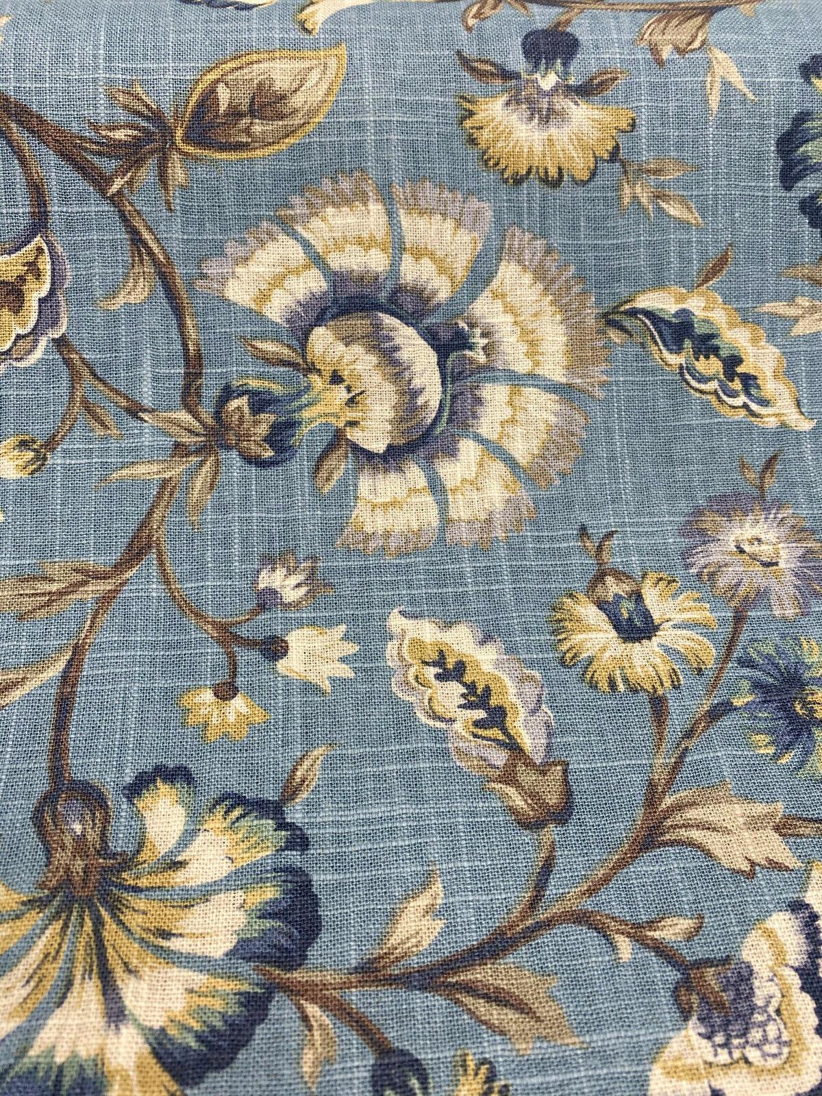 Swavelle Millcreek Linen Rayon Fabric - Blue Ivory Floral, 54" Width, 18.5" Horizontal Repeat, 17" Vertical Repeat (1 Yard)
