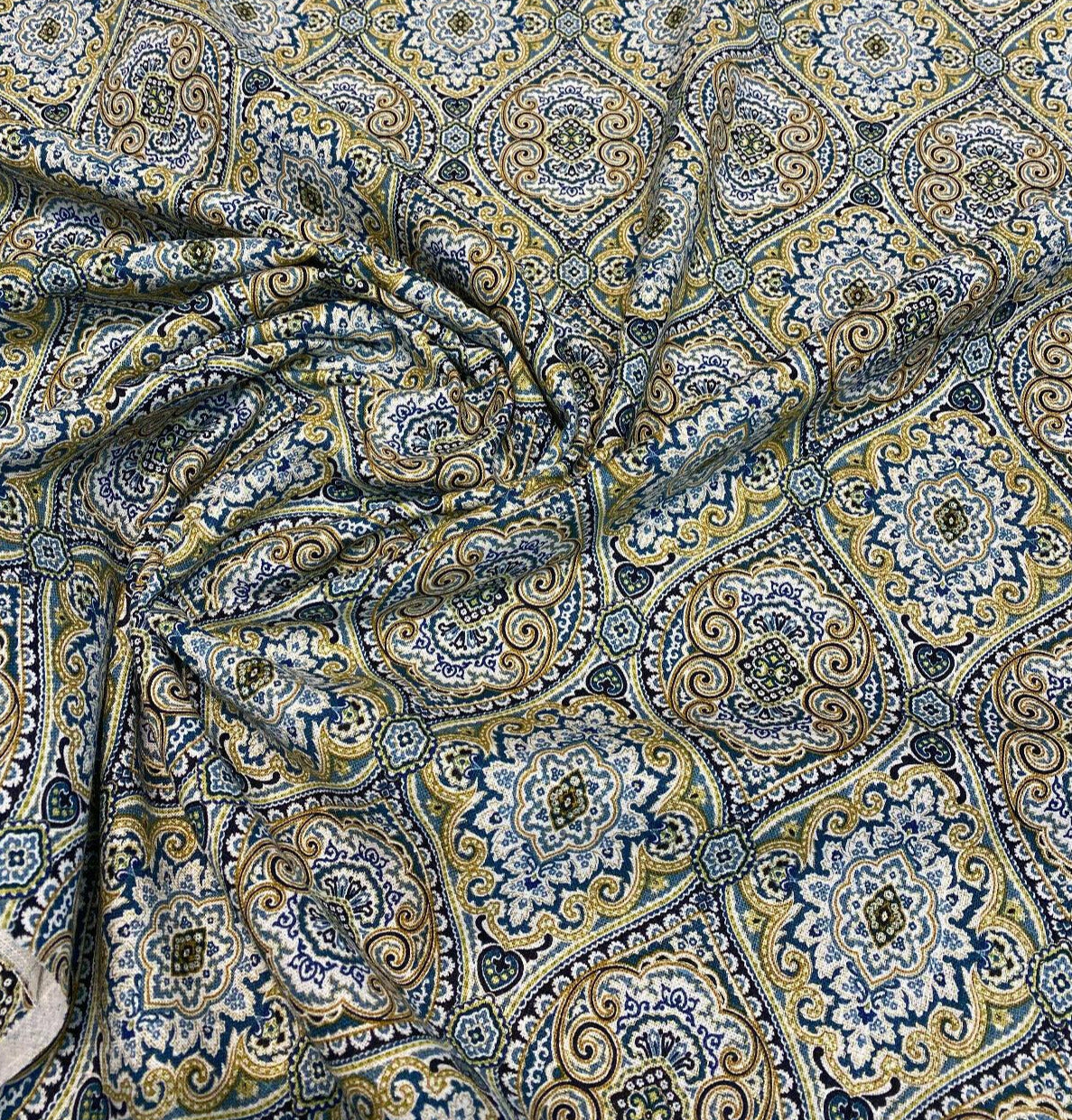 Stansbury Diamonds Indigo Linen Fabric - Blue, Diamond Print, 54" Width (1 Yard)
