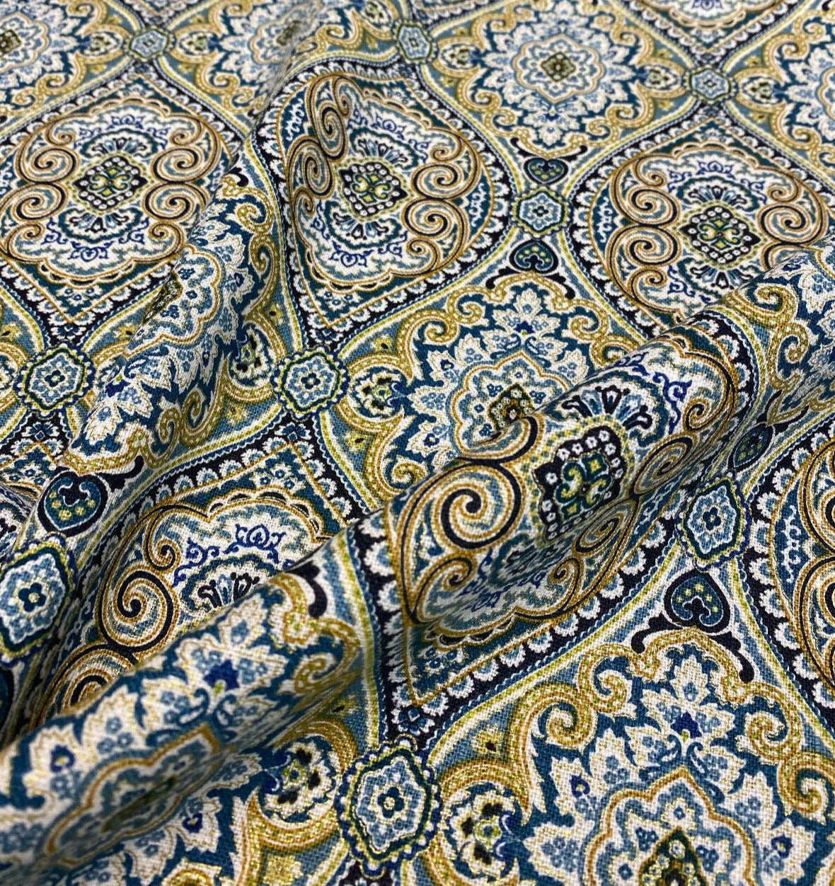 Stansbury Diamonds Indigo Linen Fabric - Blue, Diamond Print, 54" Width (1 Yard)