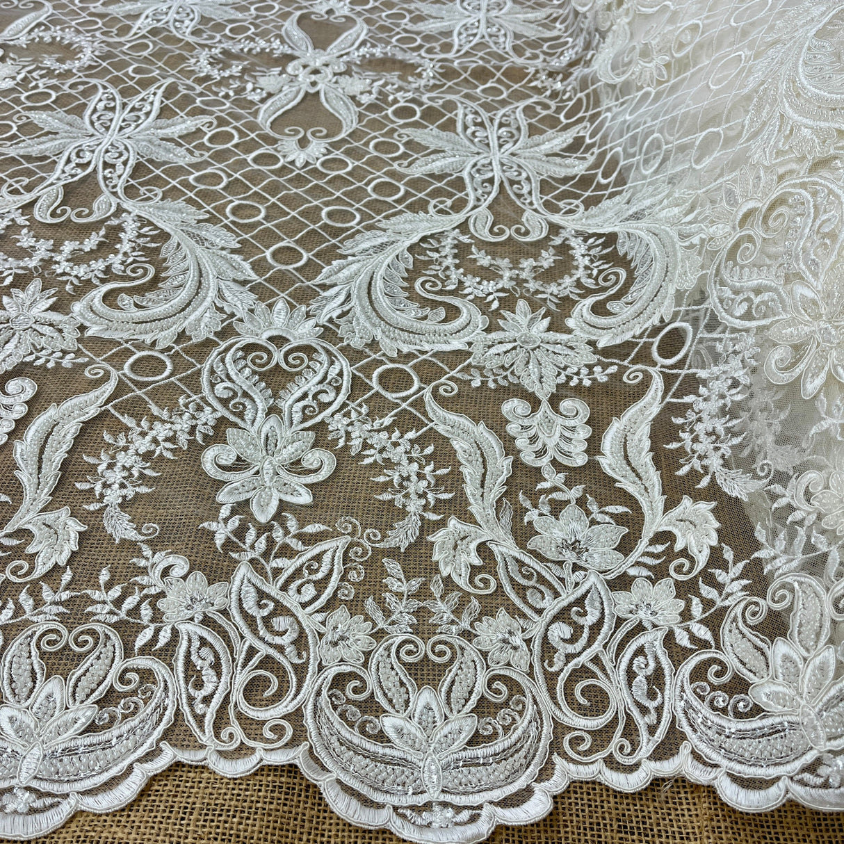 Beaded Corded Bridal Lace Fabric Dark Ivory 53" Wide