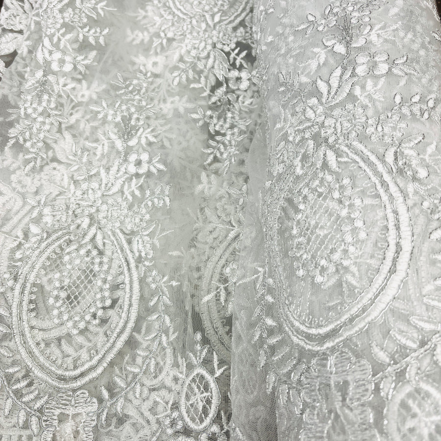 1 Yard Corded Bridal Lace Fabric Embroidered on 100% Polyester Net