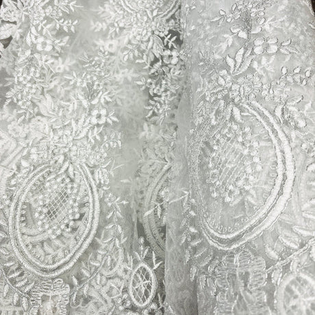 1 Yard Elegant Corded Bridal Lace Fabric Embroidered on Polyester Net Mesh