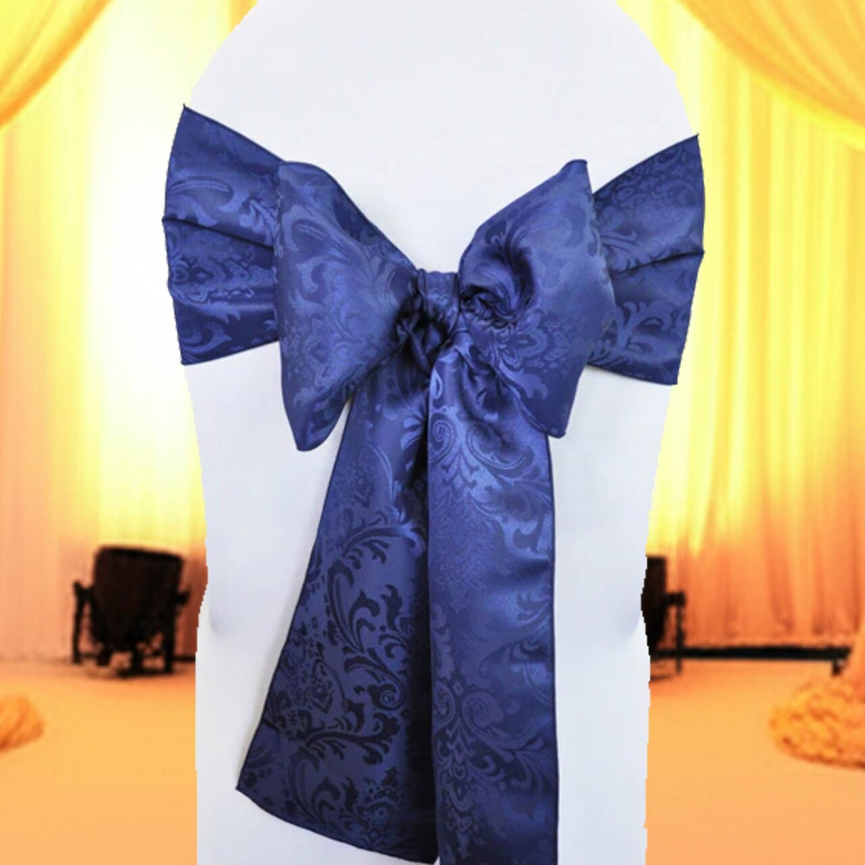 10 Pieces Navy Blue Floral Damask Jacquard Chair Sashes 7.5 x 108 Inches