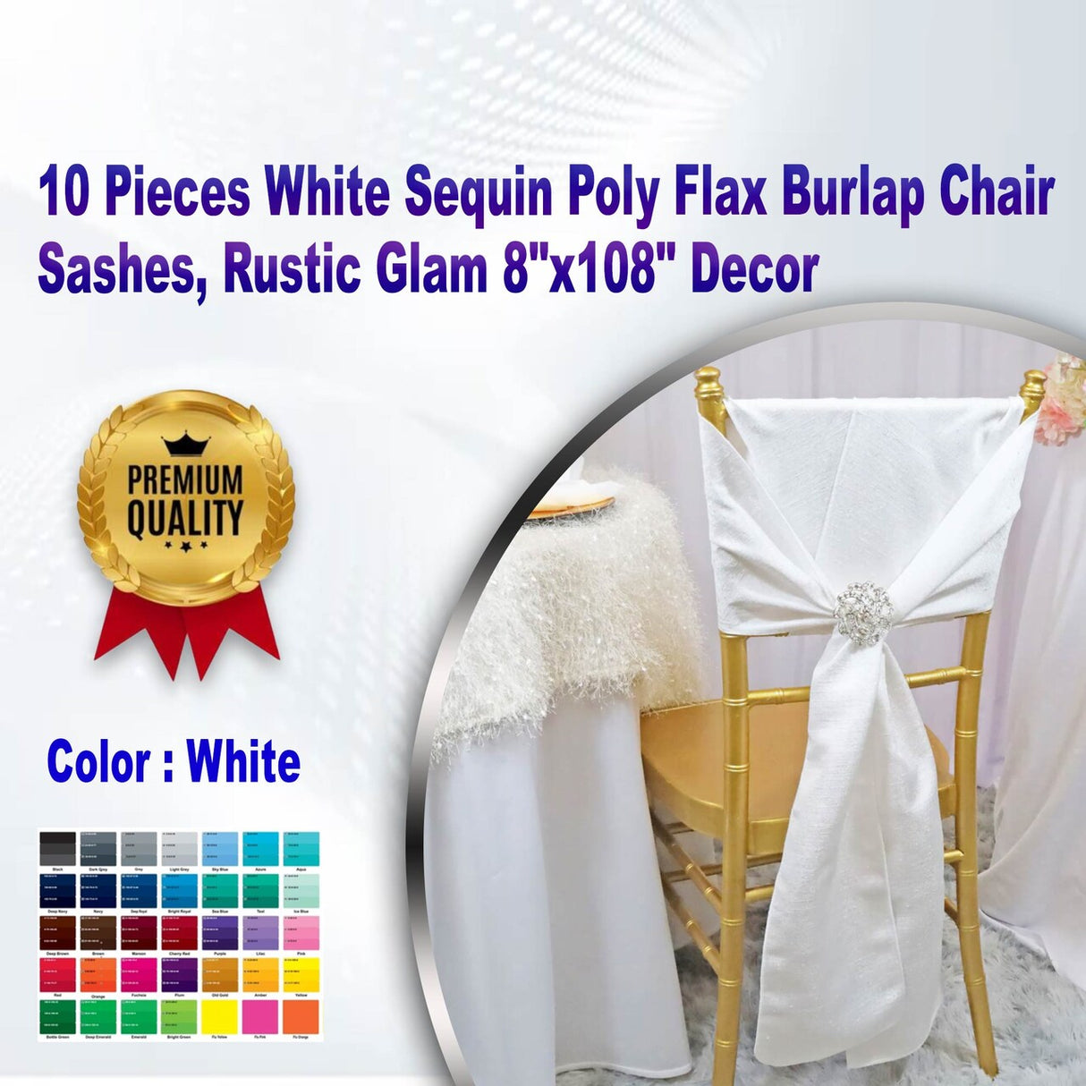 10 Pieces White Sequin Poly Flax Burlap Chair Sashes, Rustic Glam 8"x108" Decor