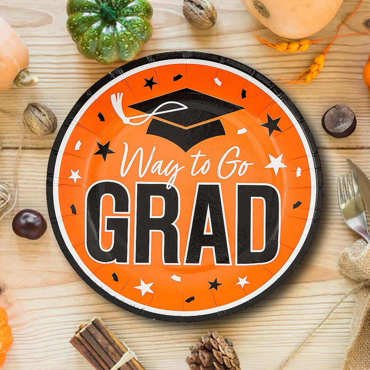 25 Count Orange Way to Go Grad Disposable Paper Dessert Plates Graduation Party Pack 7 1/4 Inch
