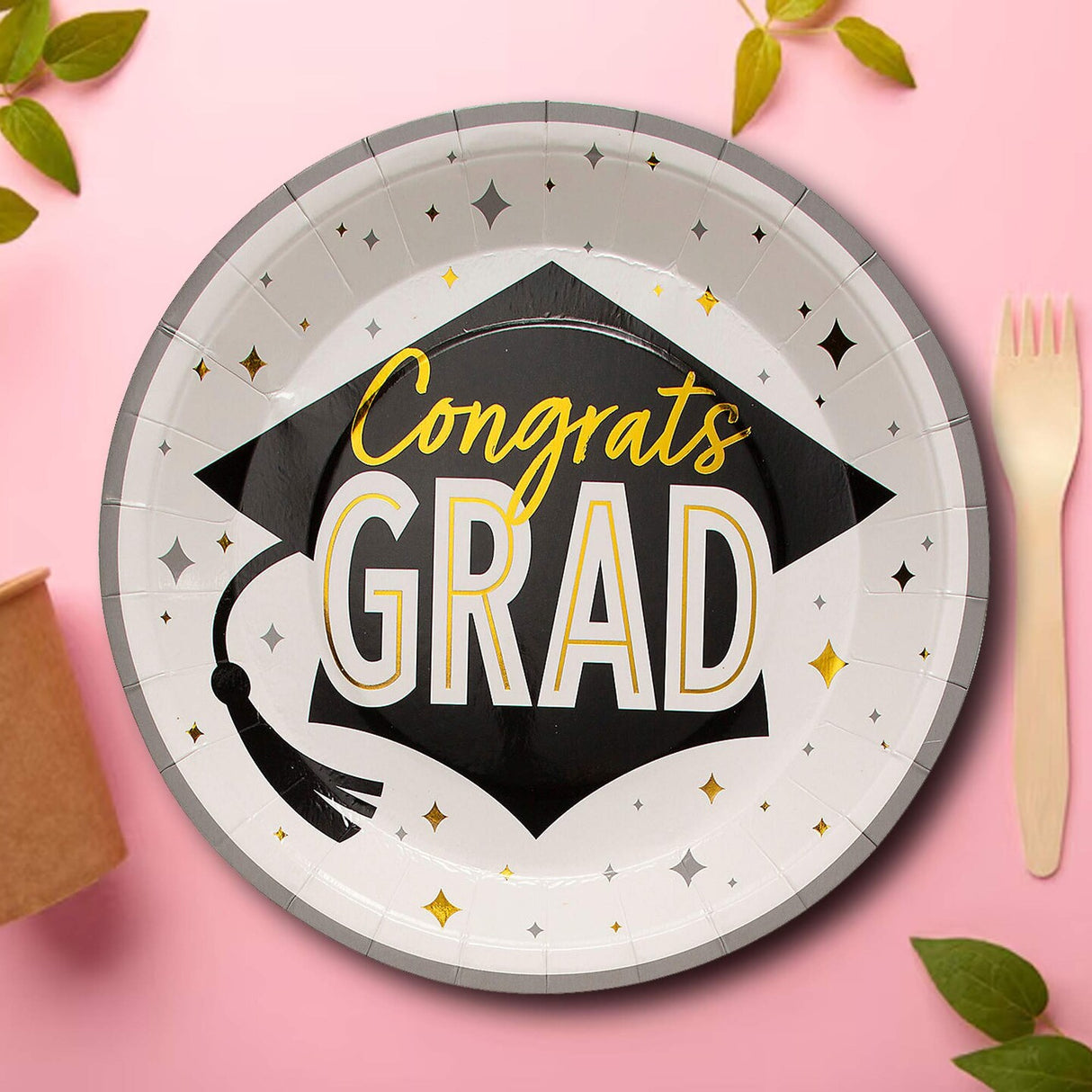 25 Count Black Gold Graduation Party Congrats Grad Paper Dinner Plates 9 Inch
