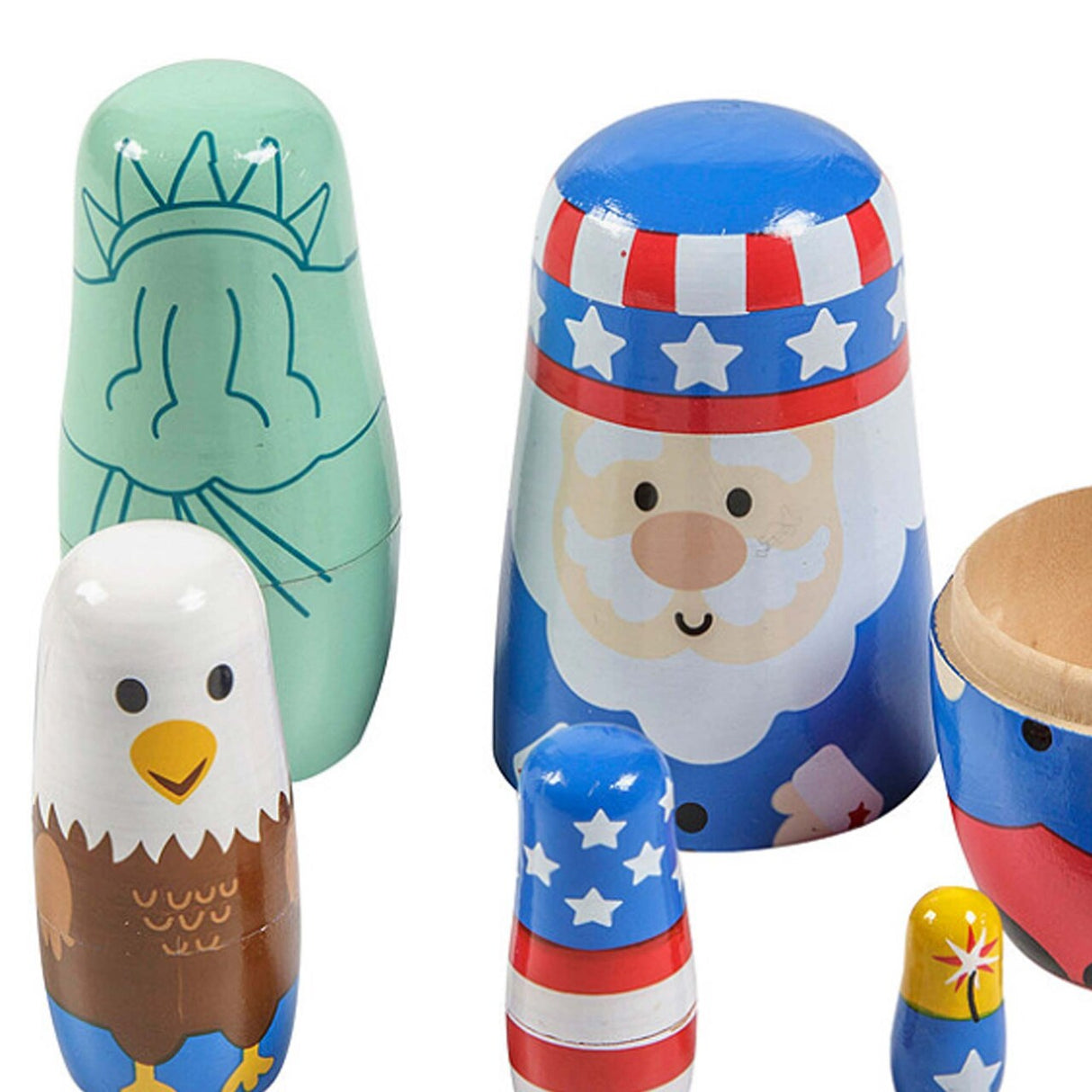 Patriotic Red, White & Blue Characters Wooden Nesting Dolls 5 Pieces