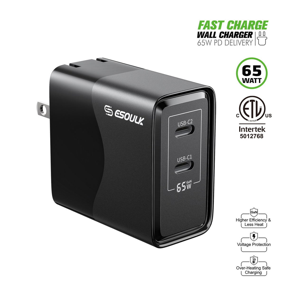 65W Gan Dual USB-C Wall Charger 12/48 - 3 COUNT