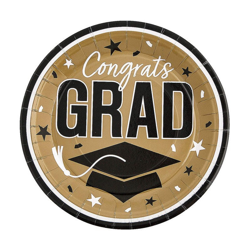 Yellow Congrats Grad Graduation Party Round Paper Dinner Plates 9 Inch 25 Count