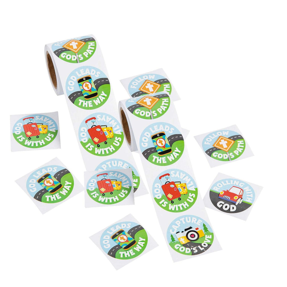 On the Road VBS Paper Sticker Roll 100 Pieces 1.5 Inch Travel & Faith Messages