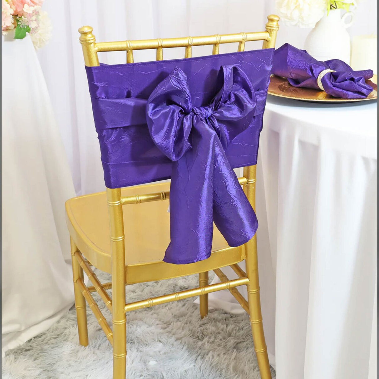 10 Pieces Crushed Taffeta Chair Sashes 9.5 x 108 inches Regency Purple