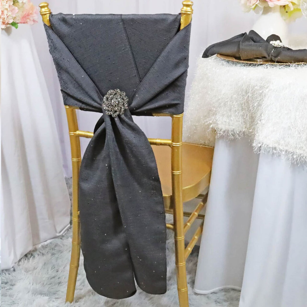 10 Pieces Pewter Charcoal Sequin Burlap Chair Sashes, 8"x108" Rustic Glam Event Decor