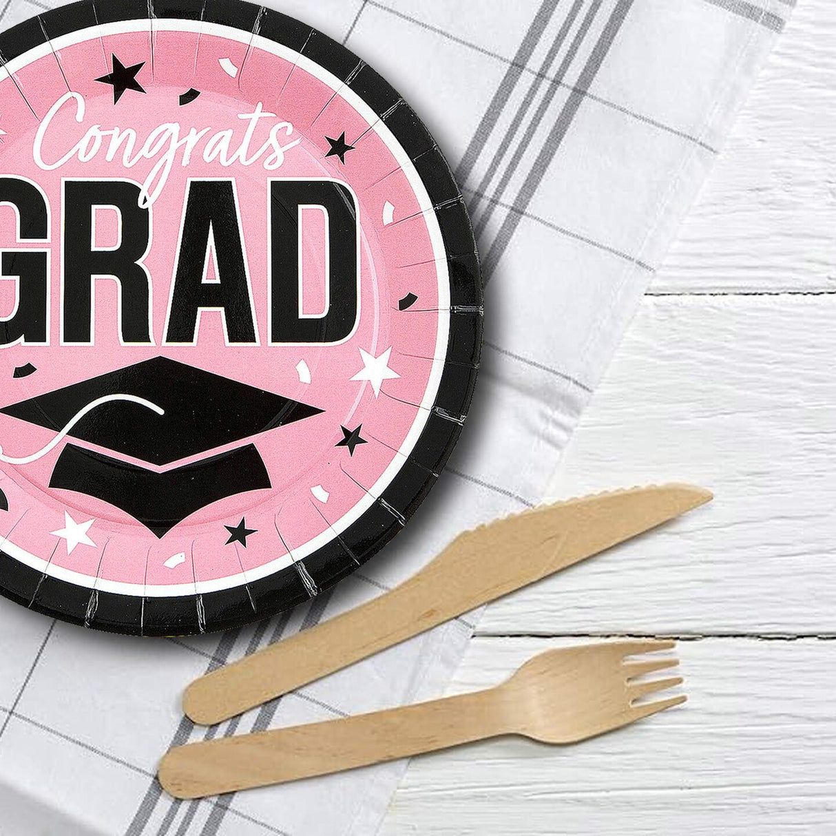 25 Count Pink Congrats Grad 9 Inch Paper Plates for Feminine Graduation Decor