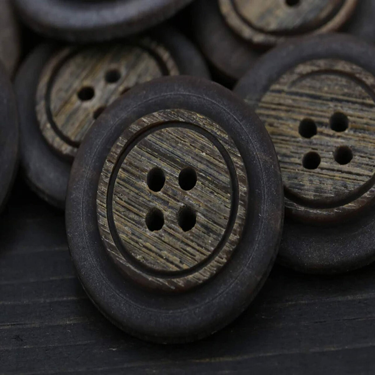 4 Brown Faux Wood Plastic Buttons Four-Hole, 27mm (1 1/8") Size