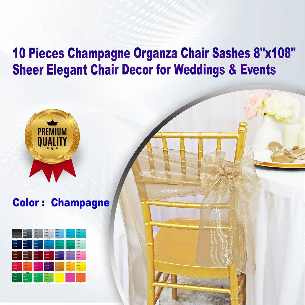 10 Pieces Champagne Organza Chair Sashes 8"x108" Sheer Elegant Chair Decor for Weddings & Events