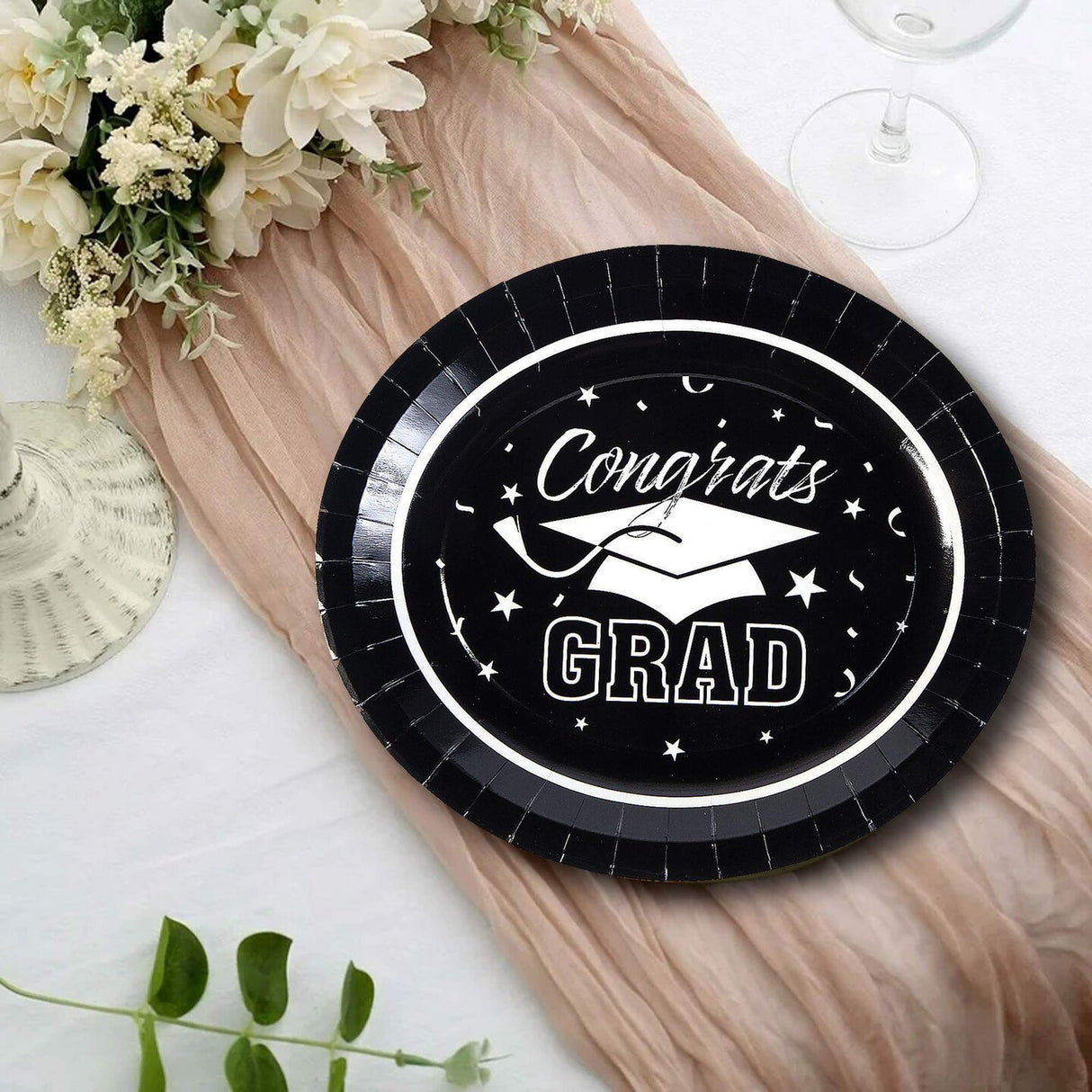 25 Count Betallic Black Congrats Grad Paper Banquet Plates Disposable Dinnerware 11 3/4" x 10"