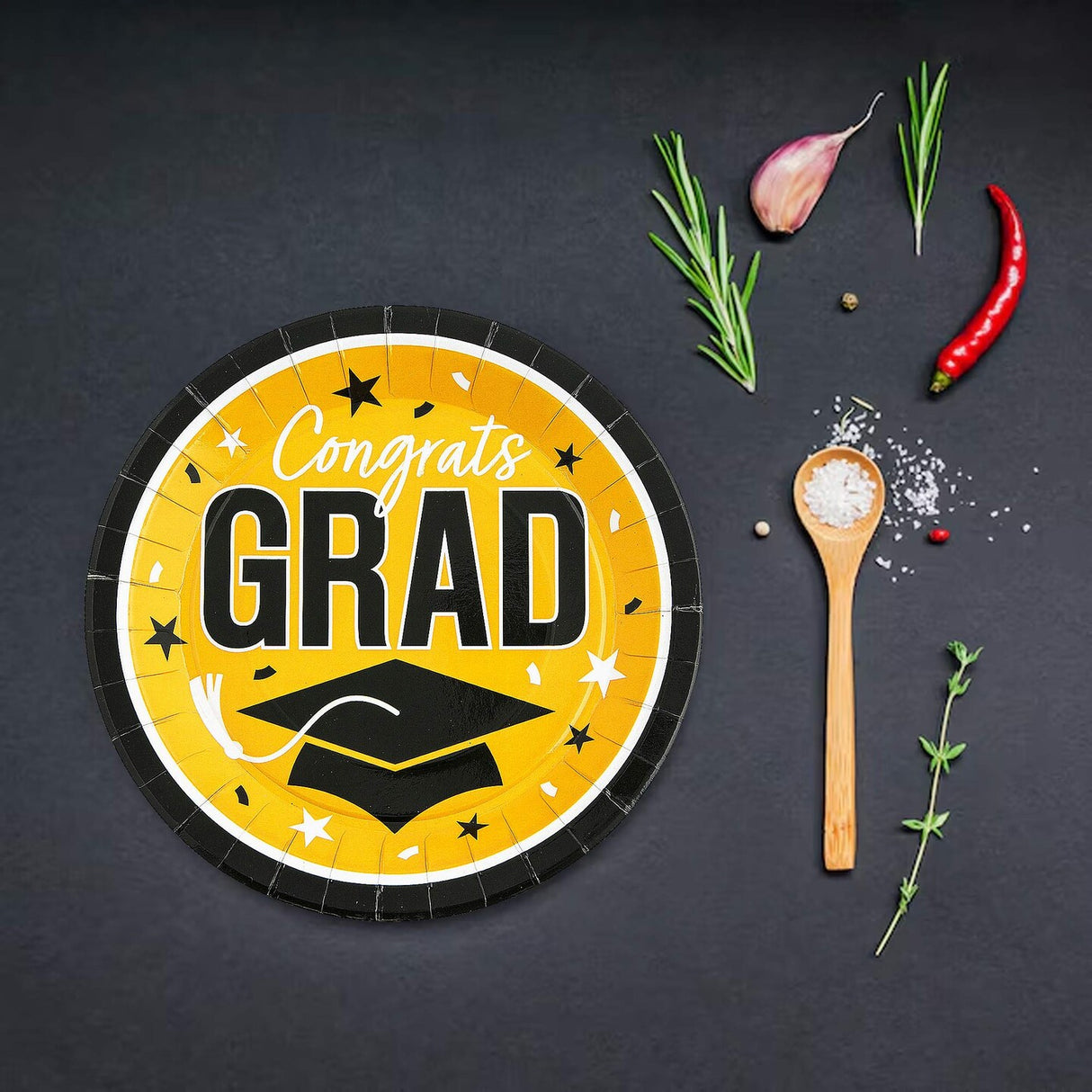25 Count Yellow Congrats Grad 9 Inch Round Paper Plates for Bright Graduation Celebrations