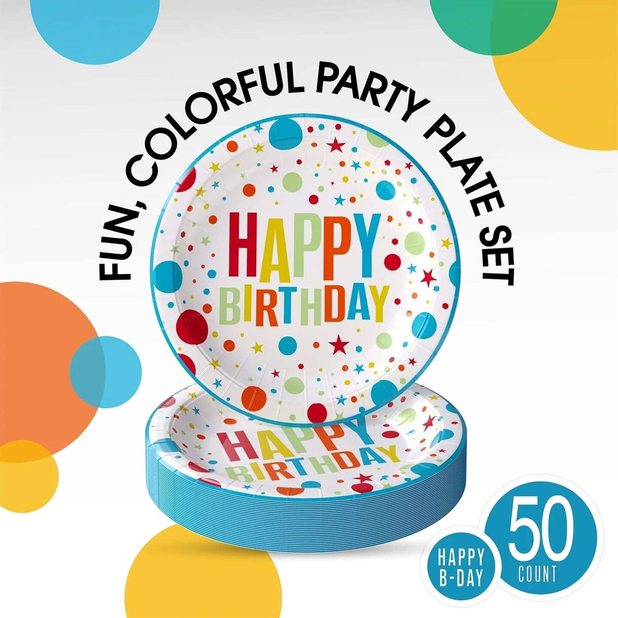 50 Count Birthday Print Paper Plates 7 Inch Disposable Party Celebrations
