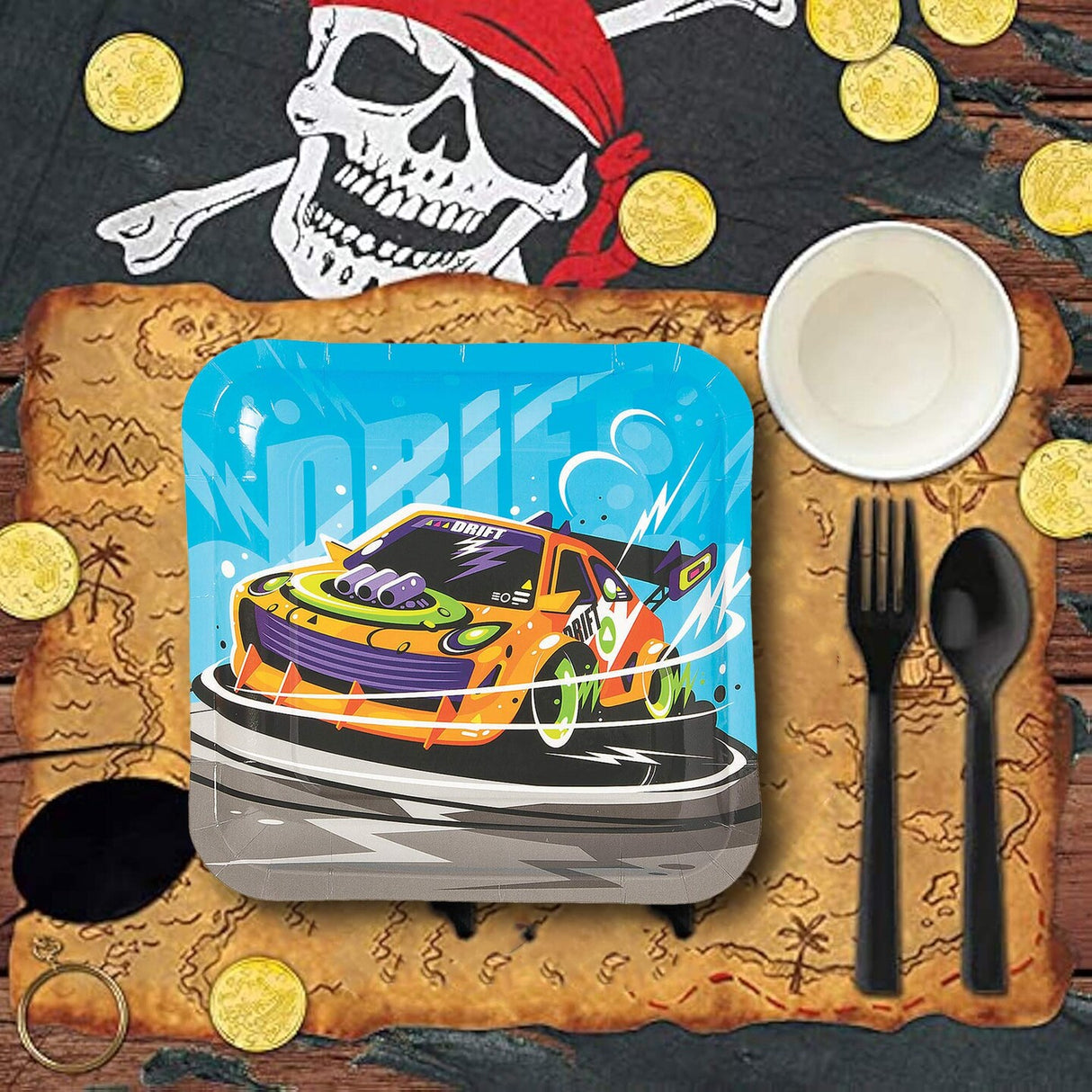 8 Count Orange Race Car Square Paper Dinner Plates 9" Kids Birthday Party