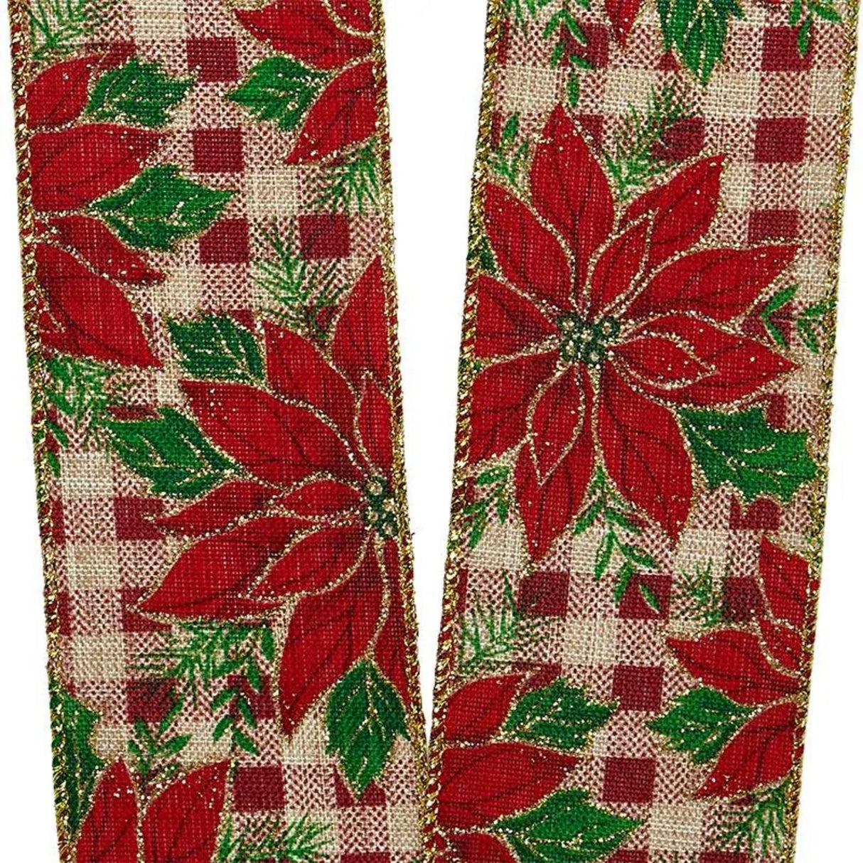 Poinsettia on Red Gingham Wired Ribbon 2.5" x 10 Yards