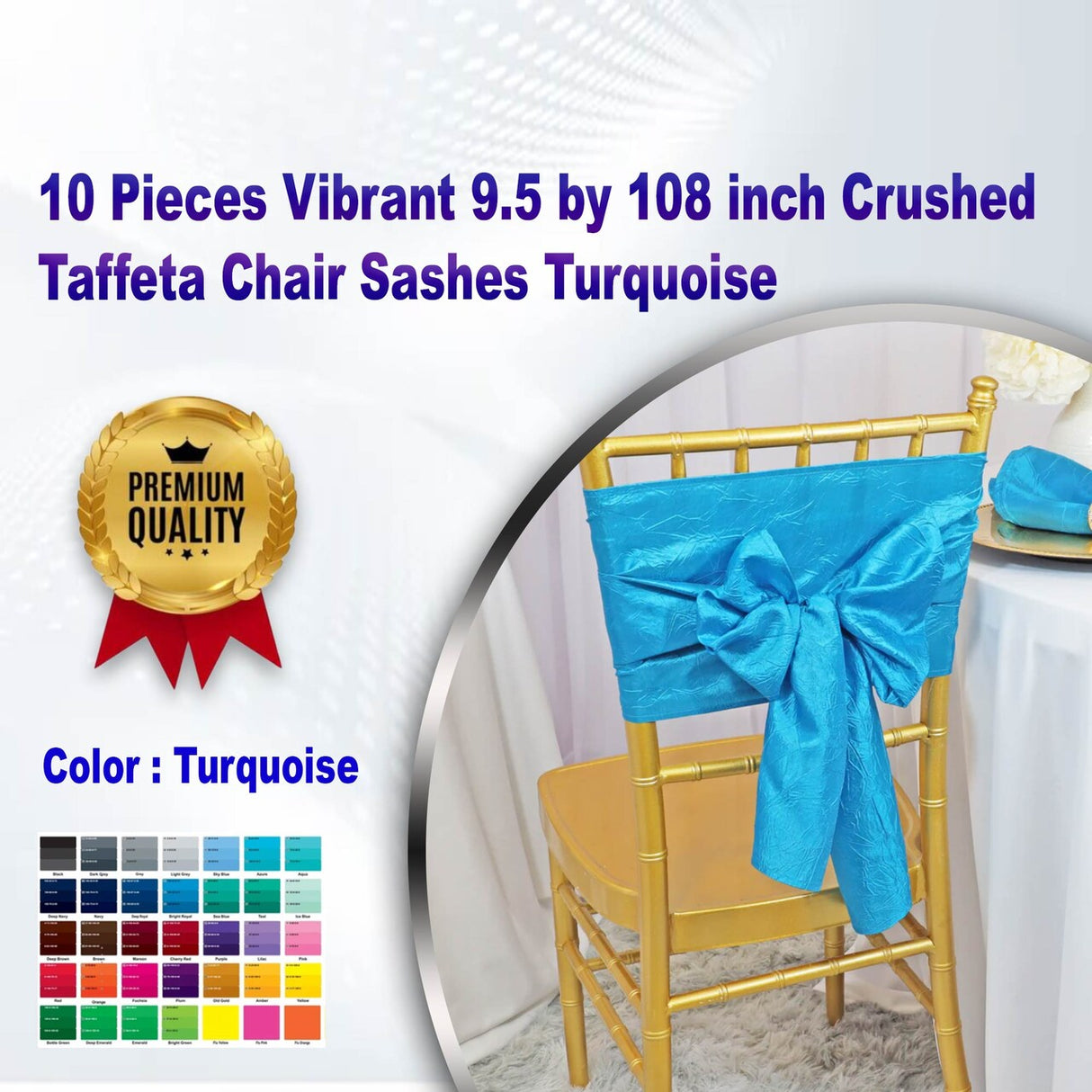 10 Pieces Vibrant 9.5 by 108 inch Crushed Taffeta Chair Sashes Turquoise