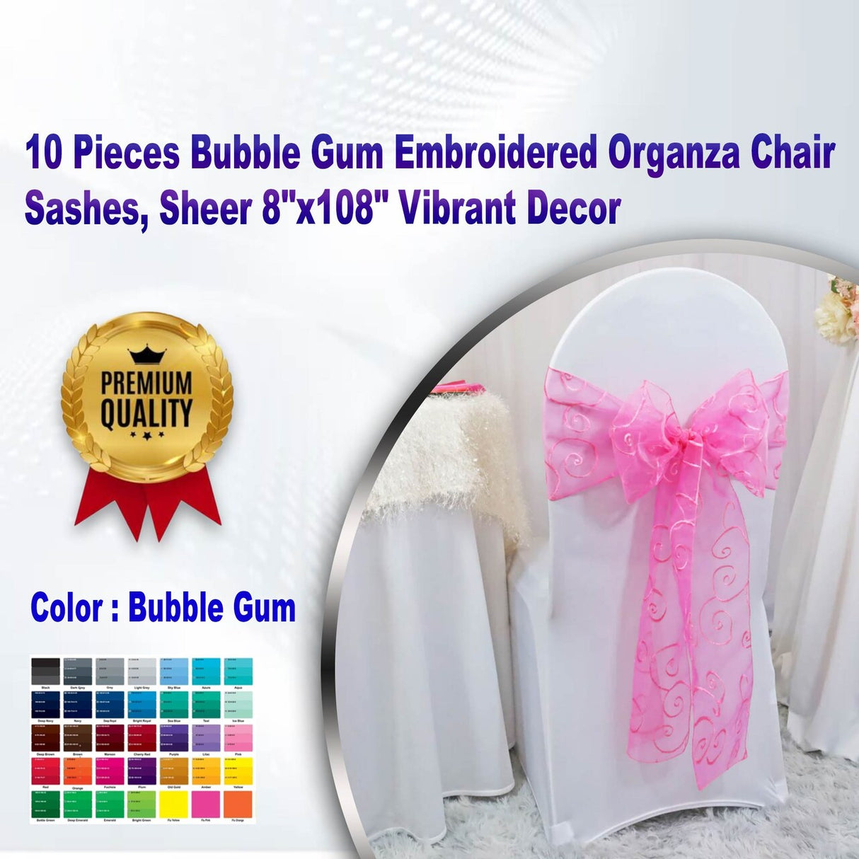 10 Pieces Bubble Gum Embroidered Organza Chair Sashes, Sheer 8"x108" Vibrant Decor