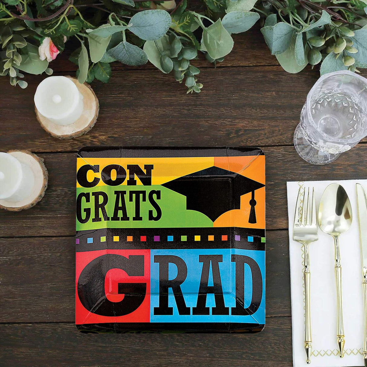 8 Count Colorful Congrats Graduation Party Paper Dinner Plates 10.25 Inch Disposable