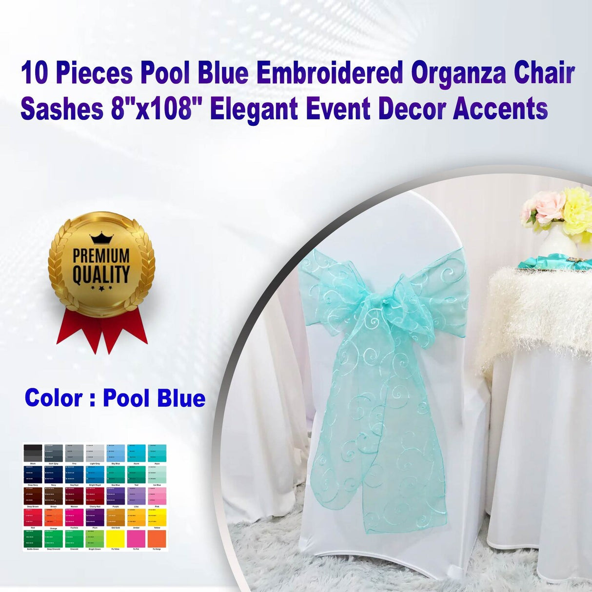 10 Pieces Pool Blue Embroidered Organza Chair Sashes 8"x108" Elegant Event Decor Accents
