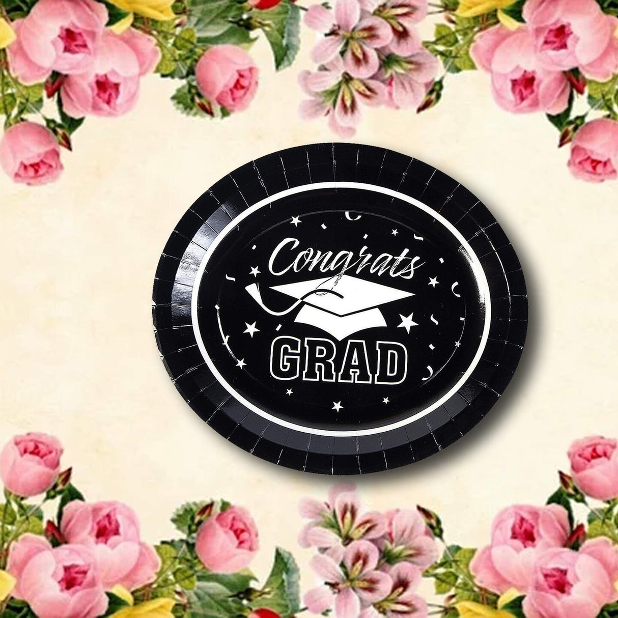 25 Count Betallic Black Congrats Graduation Party Paper Banquet Plates Disposable Dinner Plates 11 3/4" x 10"