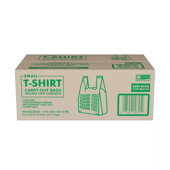 Premium Plastic Bags Small T-Shirt Carry-Out Bags, 7" x 5" x 15" | T-shirt carry-out bags