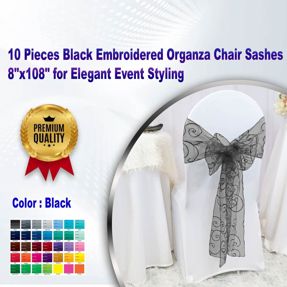 10 Pieces Black Embroidered Organza Chair Sashes 8"x108" for Elegant Event Styling