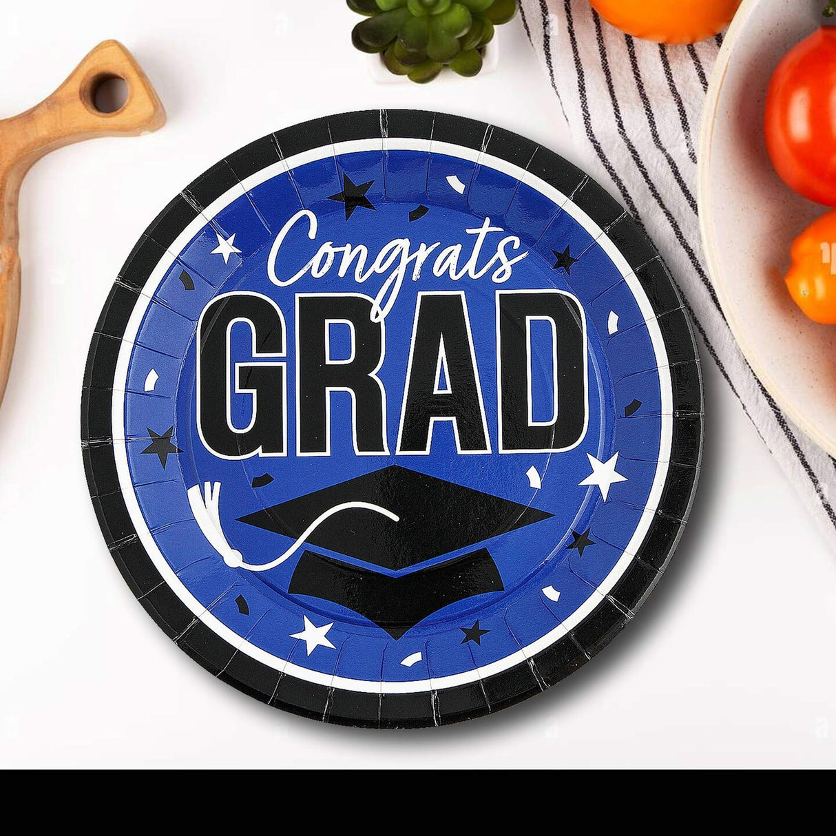Blue 9 Inch Graduation Party Plates 25 Count with Congrats Grad Print for School Celebrations