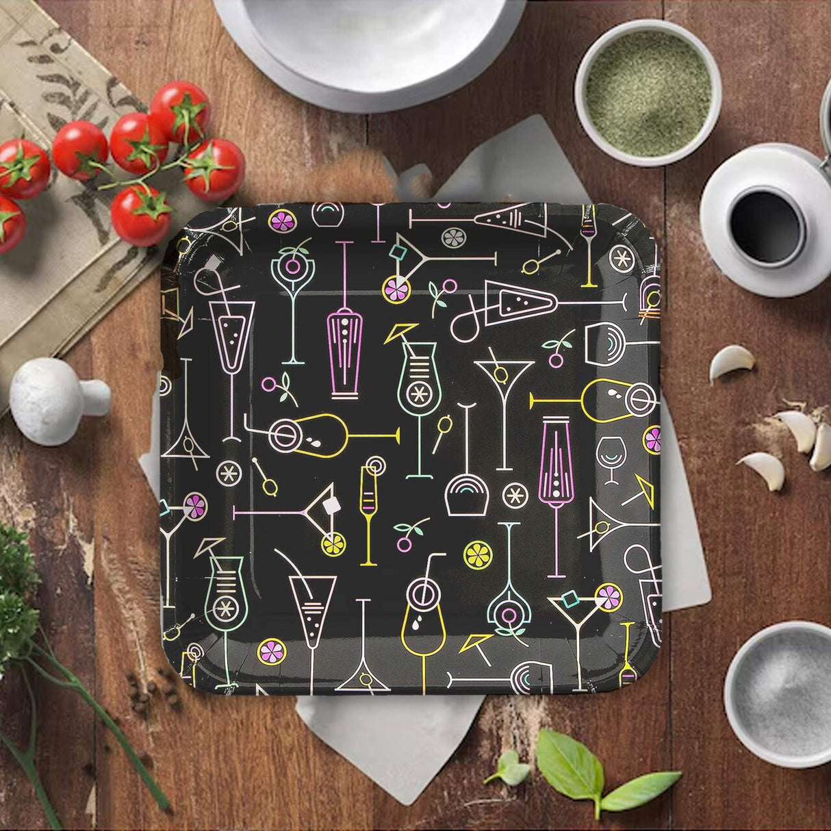 8 Ct. Cocktail Party Square Paper Dinner Plates Neon Drink Design