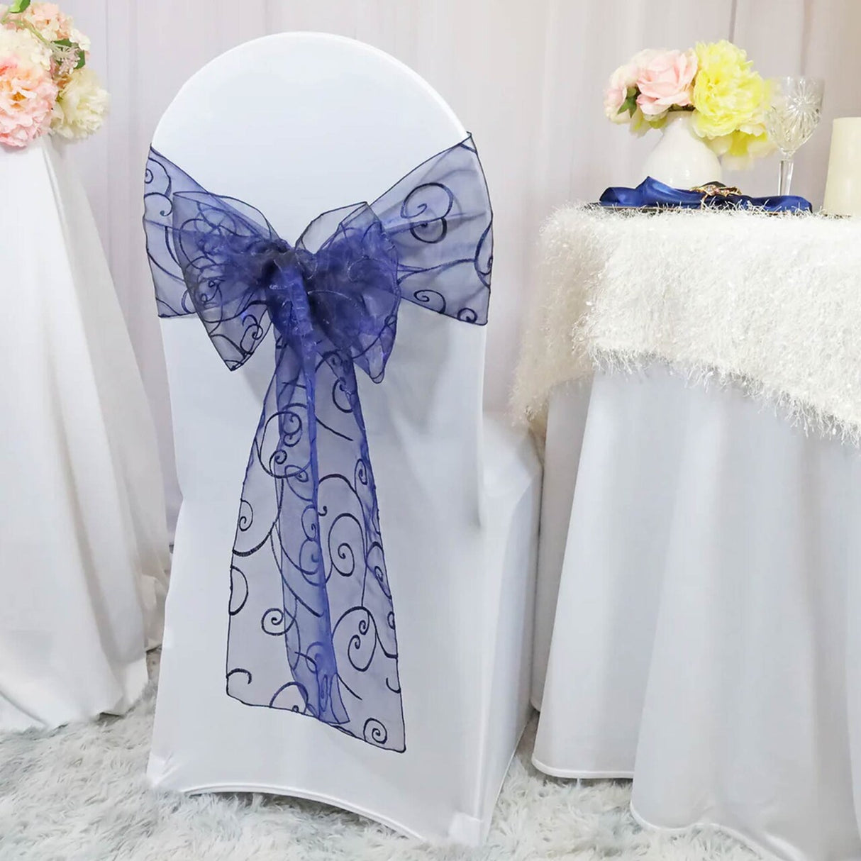 10 Pieces Embroidered Organza Chair Sashes in Deep Navy Blue Elegant Event Accent 8"x108"