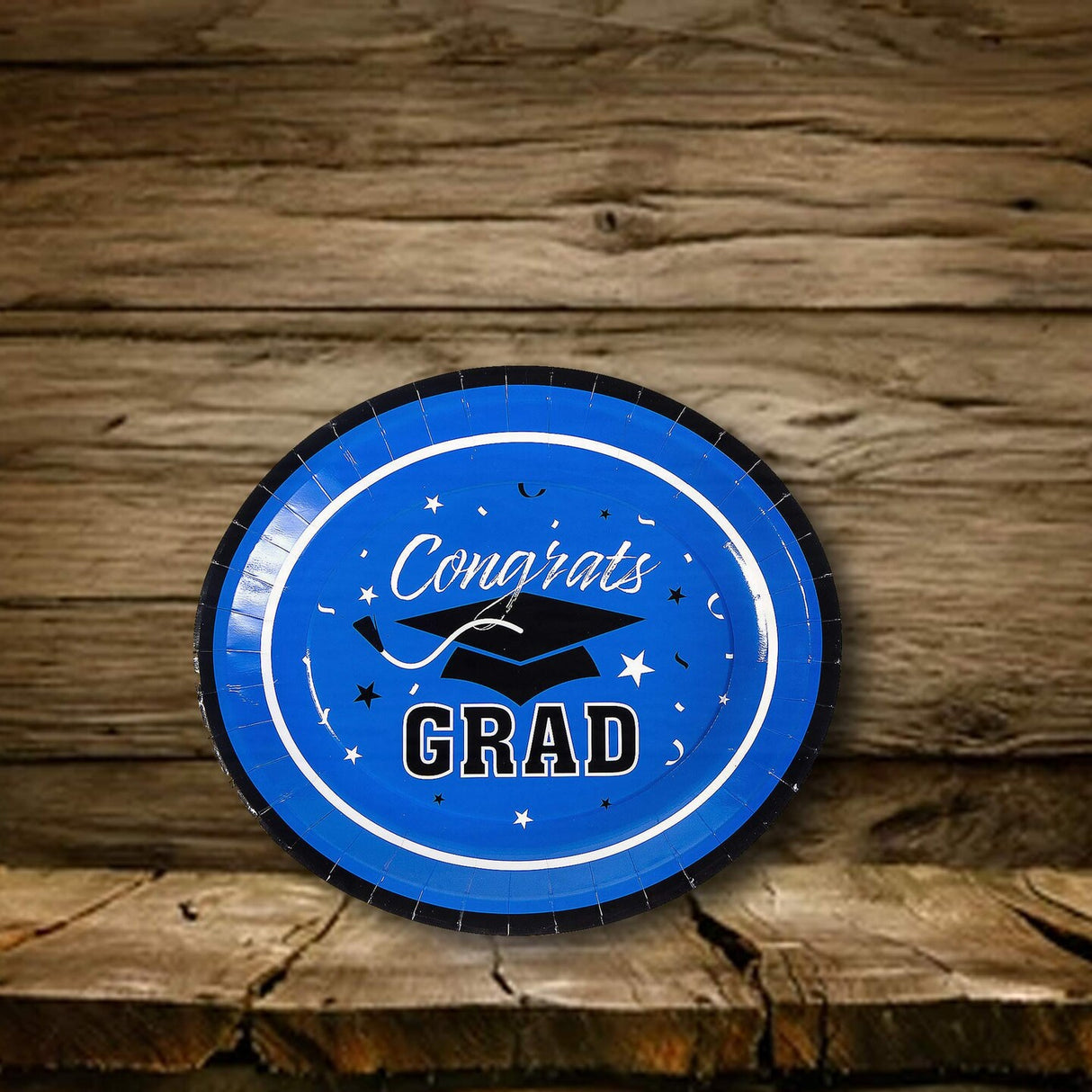 25 Count Betallic Congrats Graduation Party Blue School Colors Paper Banquet Plates Disposable Dinner Plates 11 3/4" x 10"