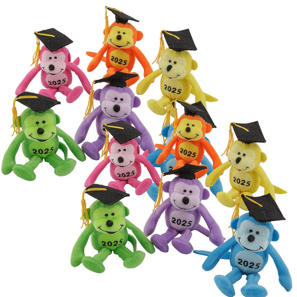 6" Graduation Class of 2025 Neon Multicolor Stuffed Monkeys 12 Pc.