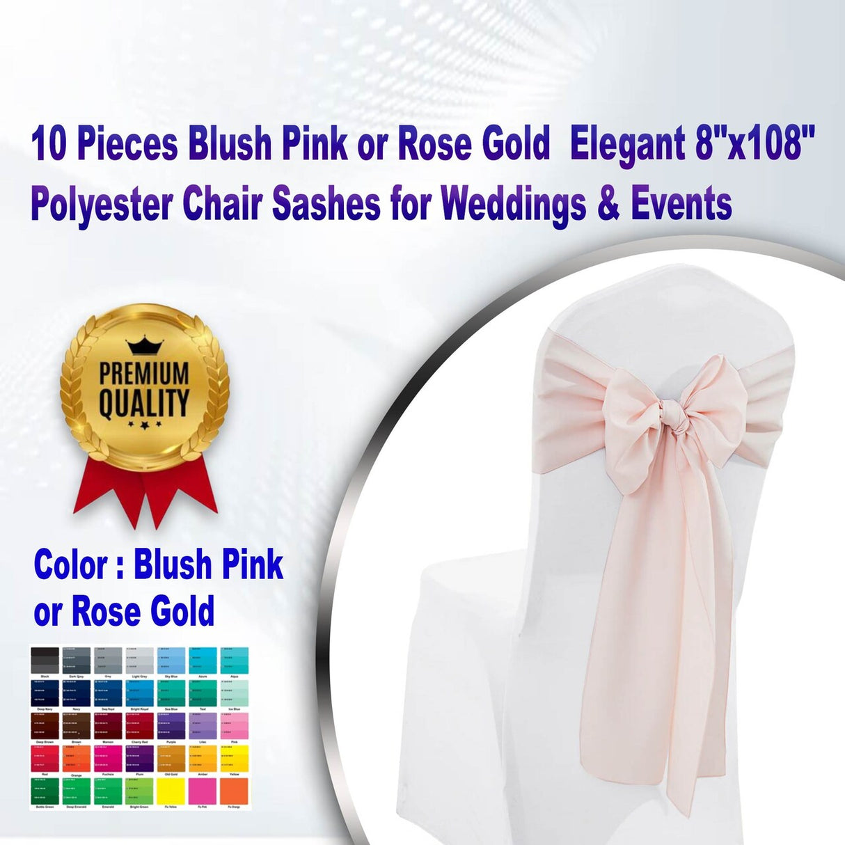10 Pieces Blush Pink or Rose Gold Elegant 8"x108" Polyester Chair Sashes for Weddings & Events