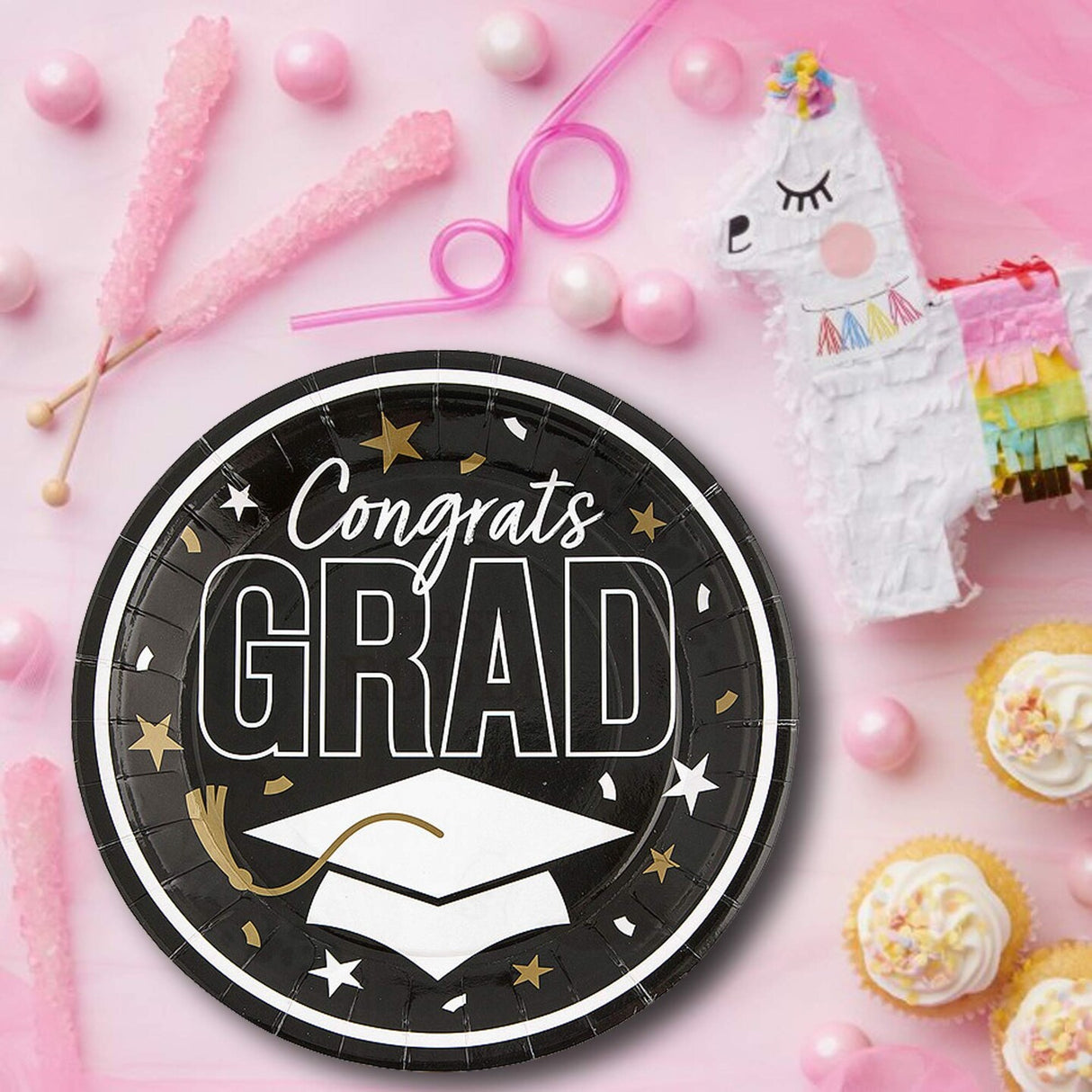 25 Count Black Graduation Paper Plates 9 Inch Congrats Grad Round Dinnerware for Party