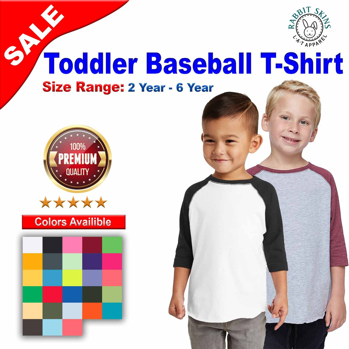 RADYAN® Toddler Baseball Fine Jersey Three-Quarter Sleeve T-Shirt