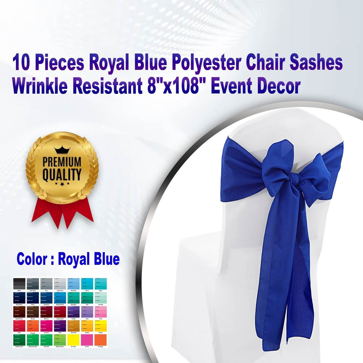 10 Pieces Royal Blue Polyester Chair Sashes Wrinkle Resistant 8"x108" Event Decor
