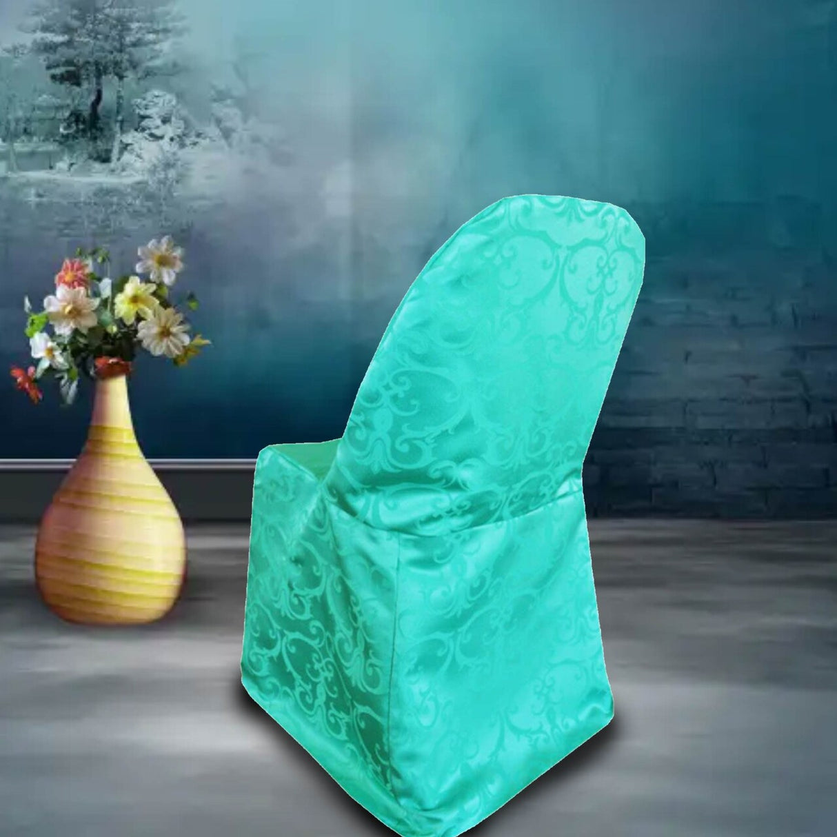 1 PieceTurquoise Damask Jacquard Chair Cover for Folding Event Seating