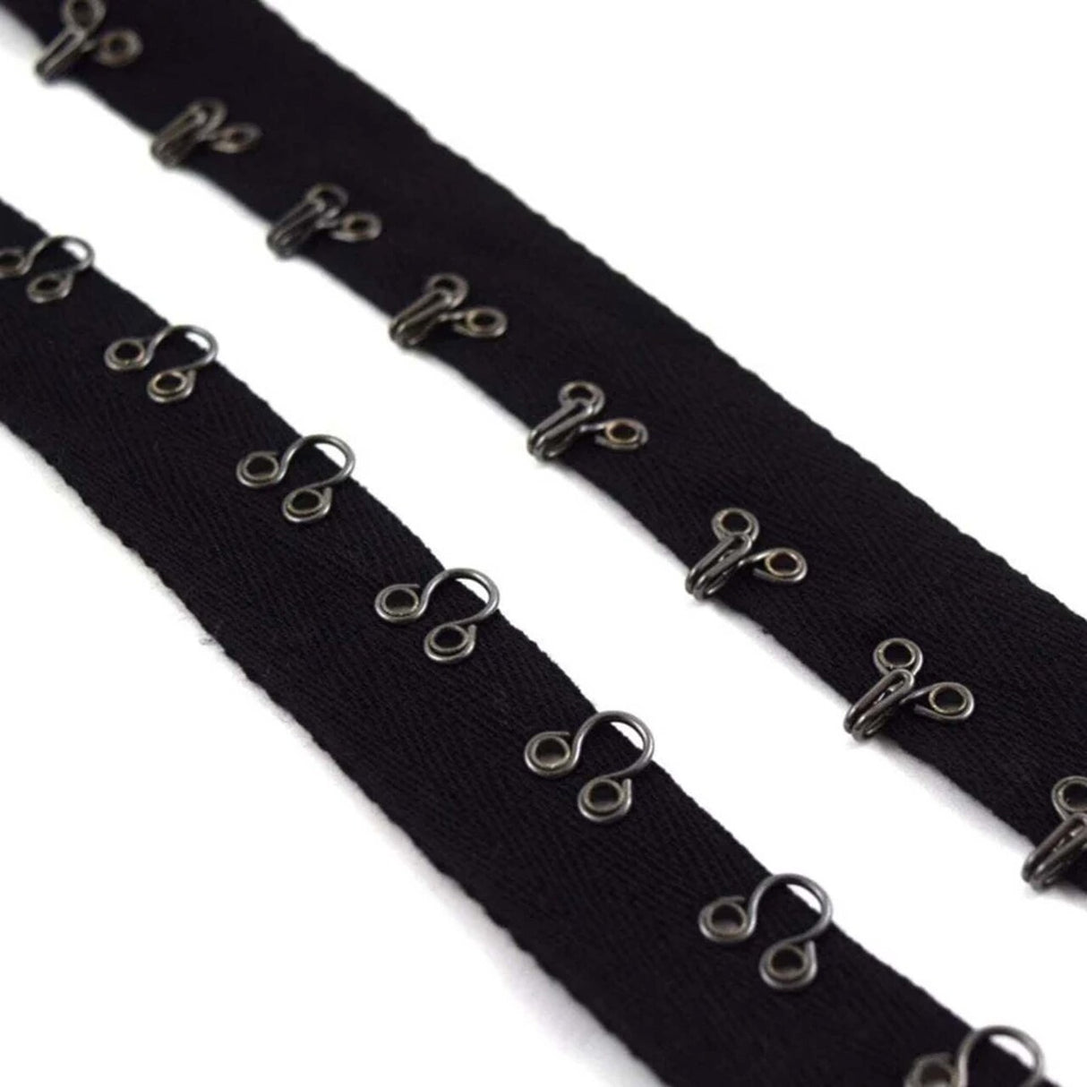 Black and Gunmetal Hook and Eye Tape 7/8" Heavy Duty Cotton Twill Trim with Metal Closures