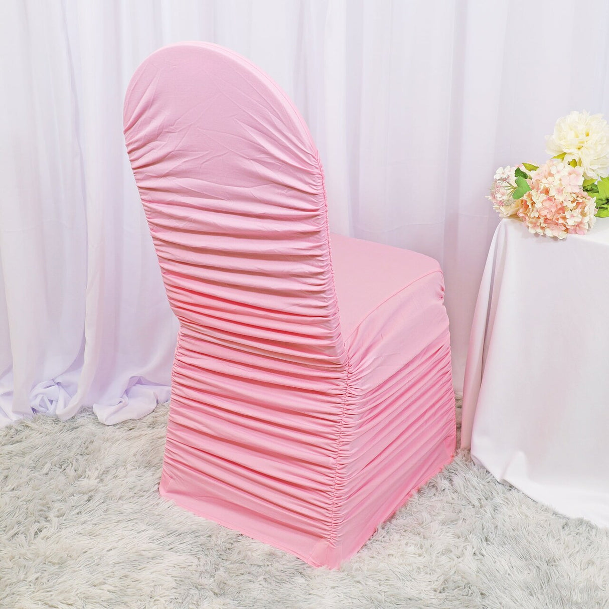 1 Piece Pink Rouge Chair Cover Elegant Ruffled Spandex Fit for Banquet Chairs