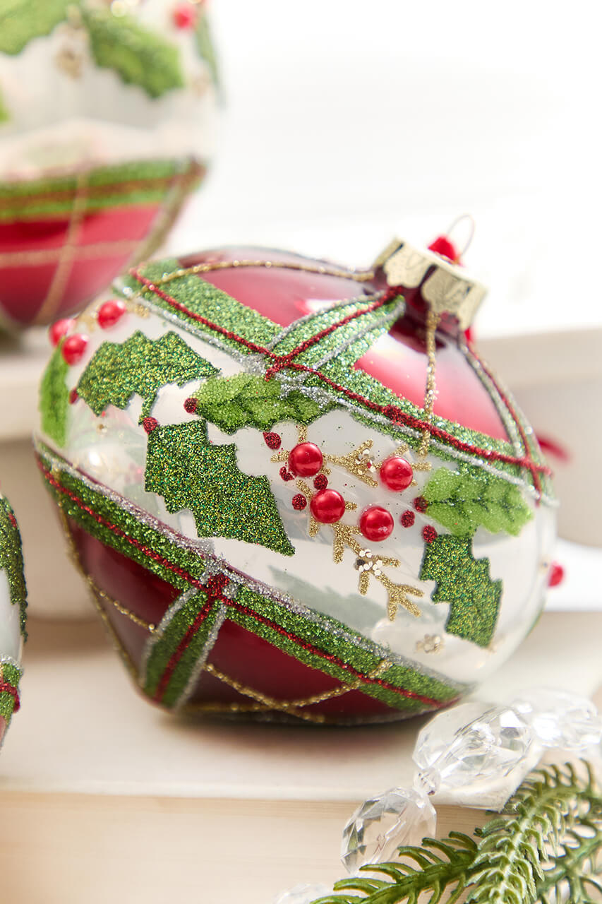 4" - 6" Red & Green Plaid & Holly Glass Ornament