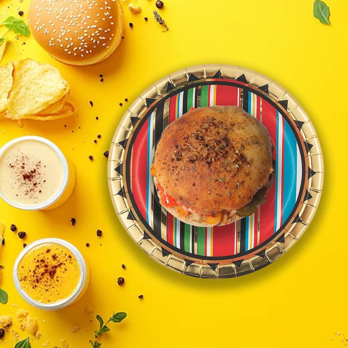 8 Ct. Gold Foil Viva Fiesta Paper Dessert Plates 7" Striped Serape Party Plates