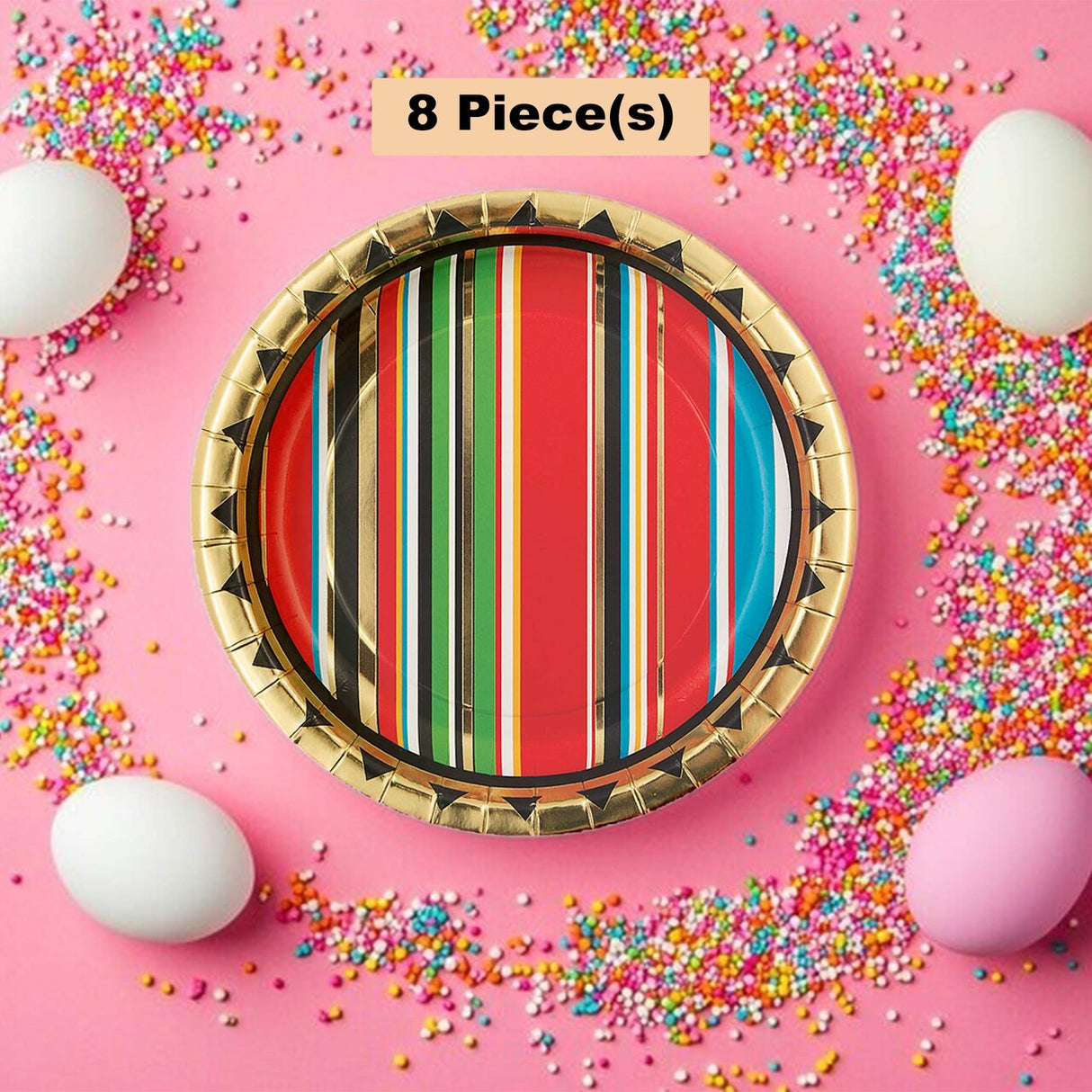 8 Ct. Gold Foil Viva Fiesta Paper Dessert Plates 7" Striped Serape Party Plates