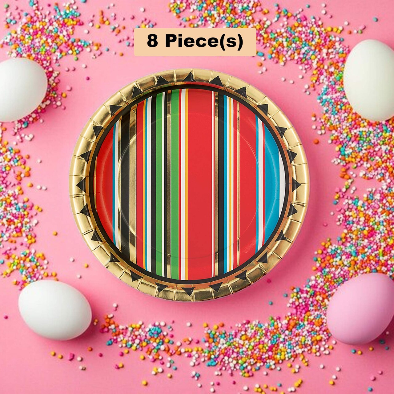 8 Ct. Gold Foil Viva Fiesta Paper Dessert Plates 7" Striped Serape Party Plates
