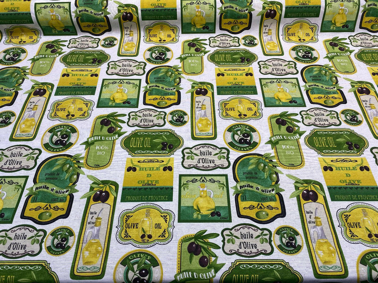 Olives & Oil Capri Cotton Duck Fabric - Green Yellow Black On White Background, 54" Width (1 Yard)