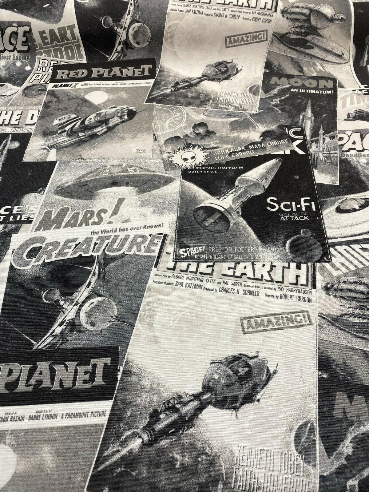 Galactic Sci-Fi Red Planet Cotton Duck Print Fabric - Black, White, Gray Space Scene, 54" Width (1 Yard)